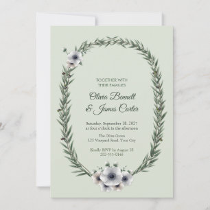 Painted White Anemone and Olive Wreath Wedding Invitation