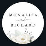 Painted white flowers wedding classic round sticker<br><div class="desc">An elegant floral design with painted champaigne white watercolor flowers. The text details and colors can be edited.</div>