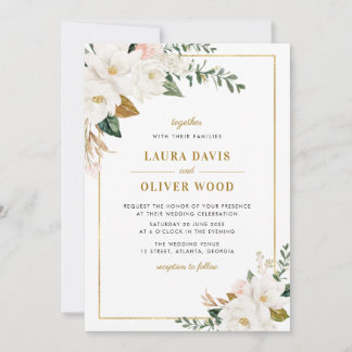 Painted white magnolia floral wedding invitation