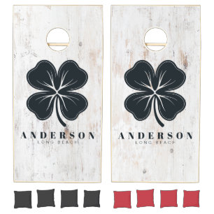 Painted White Wood Four Leaf Clover with Name Cornhole Set