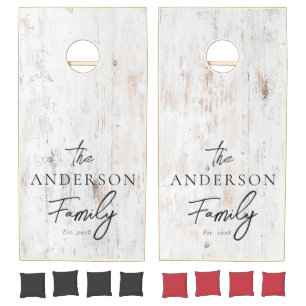Painted White Wood Hand Written Family Name Cornhole Set
