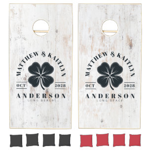Painted White Wood Irish Lucky Clover WeddingCrest Cornhole Set