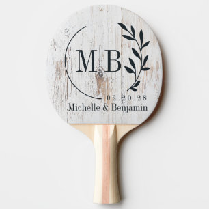 Painted White Wood Leaf Wedding Monogram Ping Pong Paddle