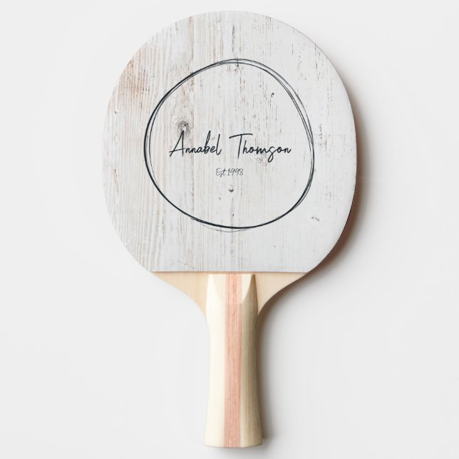 Painted White Wood Name in Drawn Circle  Ping Pong Paddle (Front)