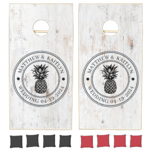 Painted White Wood Pineapple Wedding Crest & Names Cornhole Set