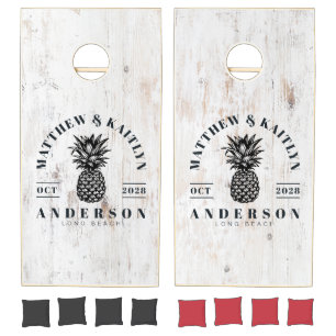 Painted White Wood Tropical Pineapple WeddingCrest Cornhole Set