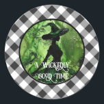 Painted Wickedly Good Witch Black Gingham Plaid Classic Round Sticker<br><div class="desc">Painted Wickedly Good Witch Black and White Gingham Plaid Classic Round Stickers - These stickers feature a green and black painting of a witch in an enchanted forest on top of a white and black gingham checkered plaid pattern. Perfect for any age girl or woman's birthday or for a Halloween...</div>