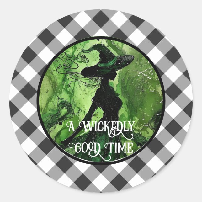 Painted Wickedly Good Witch Black Gingham Plaid Classic Round Sticker (Front)