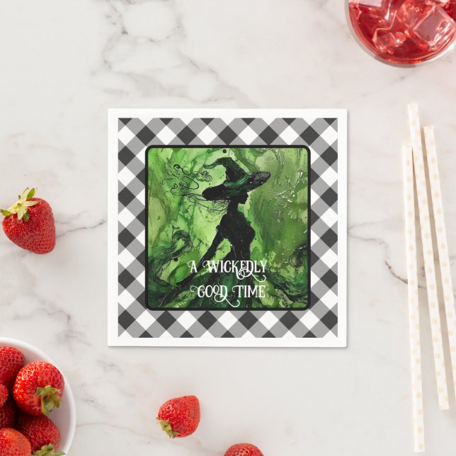 Painted Wickedly Good Witch Black Gingham Plaid Napkins (Insitu)