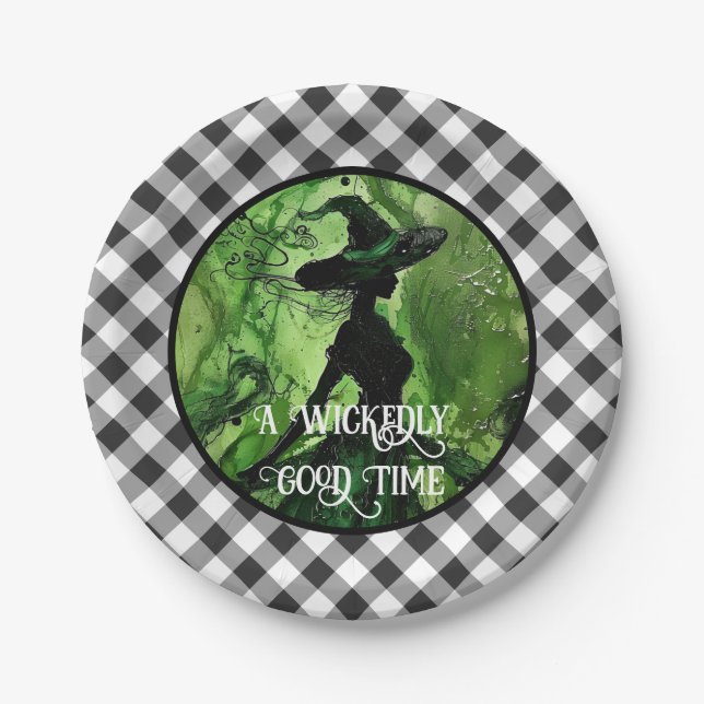 Painted Wickedly Good Witch Black Gingham Plaid Paper Plates (Front)