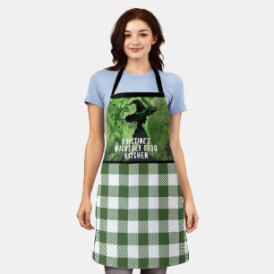 Painted Wickedly Good Witch Green Gingham Plaid Apron