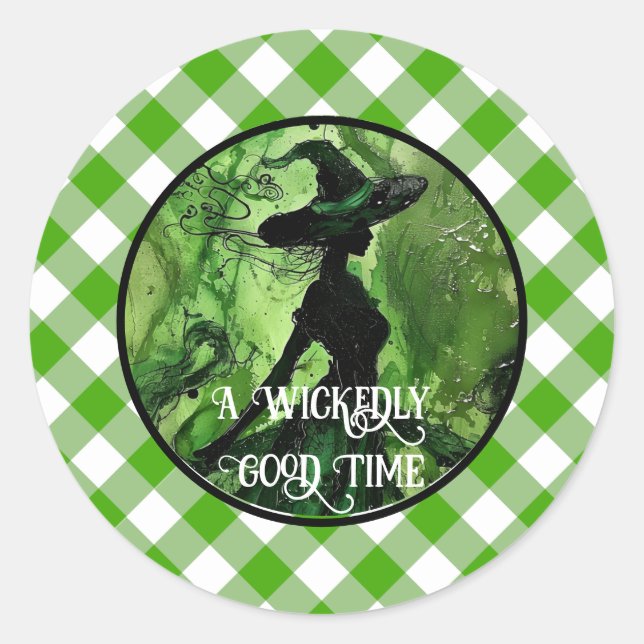 Painted Wickedly Good Witch Green Gingham Plaid Classic Round Sticker (Front)