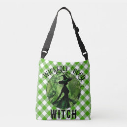 Painted Wickedly Good Witch Green Gingham Plaid Crossbody Bag