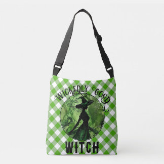 Painted Wickedly Good Witch Green Gingham Plaid Crossbody Bag