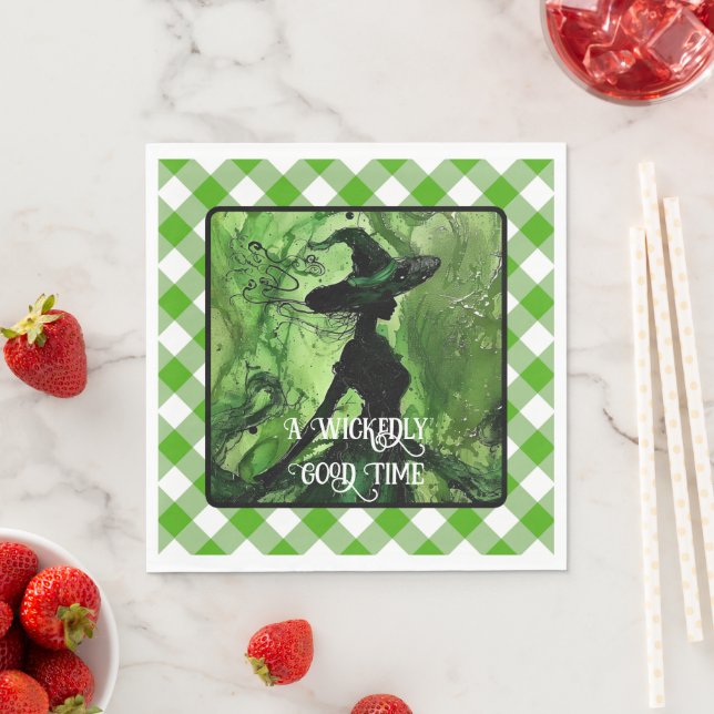 Painted Wickedly Good Witch Green Gingham Plaid Napkins (Insitu)