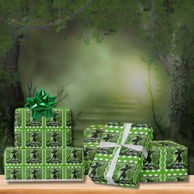 Painted Wickedly Good Witch Green Gingham Plaid Wrapping Paper (Creator Uploaded)