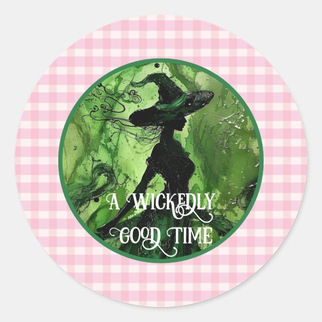 Painted Wickedly Good Witch Pink Gingham Plaid Classic Round Sticker (Front)