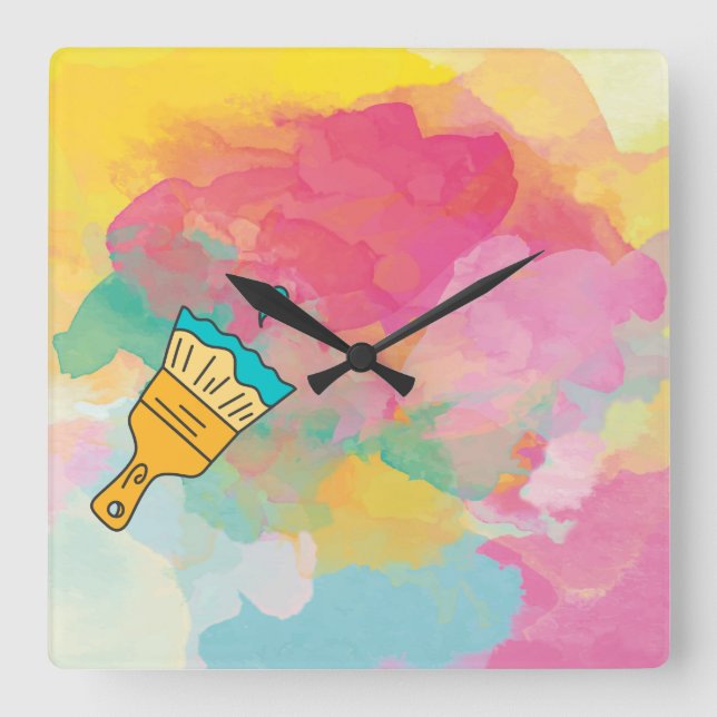painted with a brush square wall clock (Front)