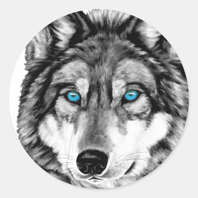 Painted Wolf Grayscale Blue Eyes Classic Round Sticker (Front)