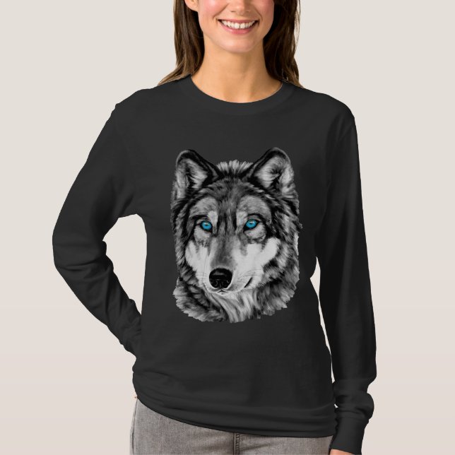 Painted Wolf Grayscale Blue Eyes T-Shirt (Front)
