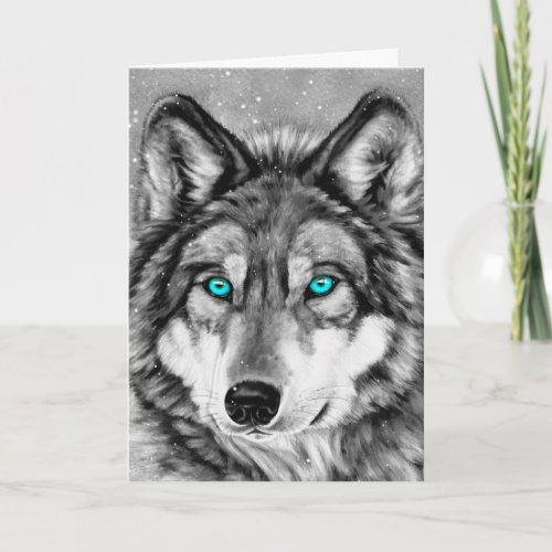 Painted Wolf Grayscale Seasons Greetings Card