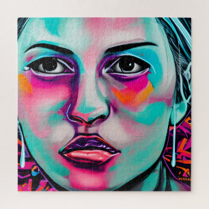 Painted Women's Face and Tear Teal and Pink Art Jigsaw Puzzle