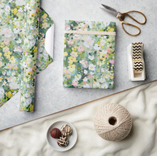 Painted Yellow Green Meadow Floral Flowers Wrapping Paper