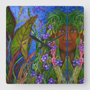 Painted Young Woman in Tropical Landscape Square Wall Clock
