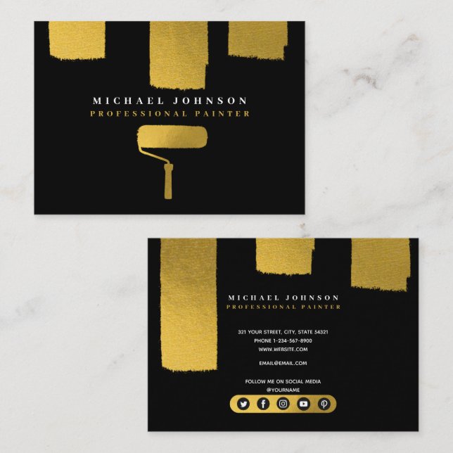 Painter Black & Gold Social Media Icons Business Card (Front/Back)