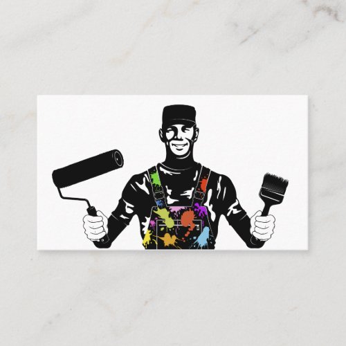 Painter in uniform with a brush and a roller in hi business card