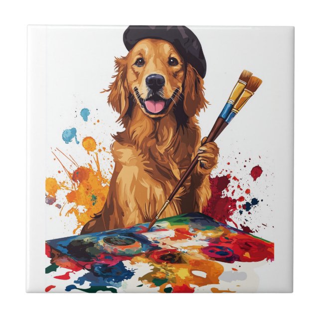 Painter Pup � Artistic Dog with Easel Ceramic Tile (Front)