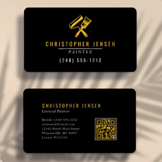 Painter QR Code Black Yellow Rounded Painting Business Card (Creator Uploaded)