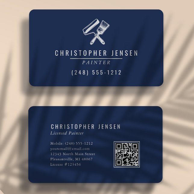 Painter QR Code Navy Blue Gray Rounded Painting Business Card (Creator Uploaded)