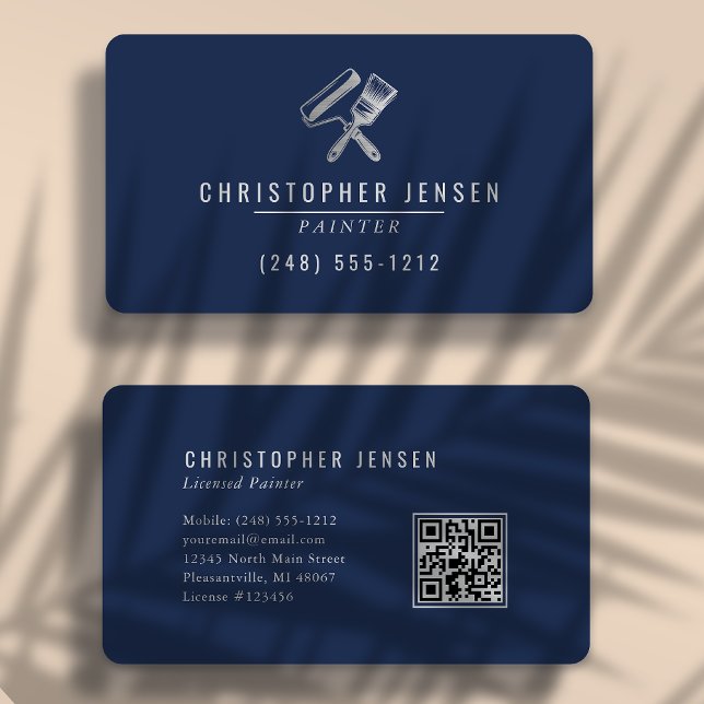 Painter QR Code Navy Blue Silver Rounded Painting Business Card (Creator Uploaded)