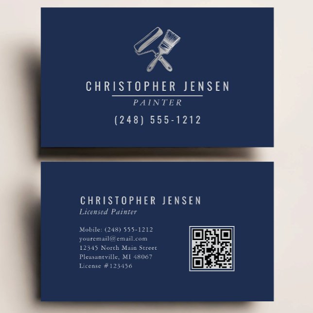 Painter QR Code Painting Business Navy Blue Silver Card (Creator Uploaded)