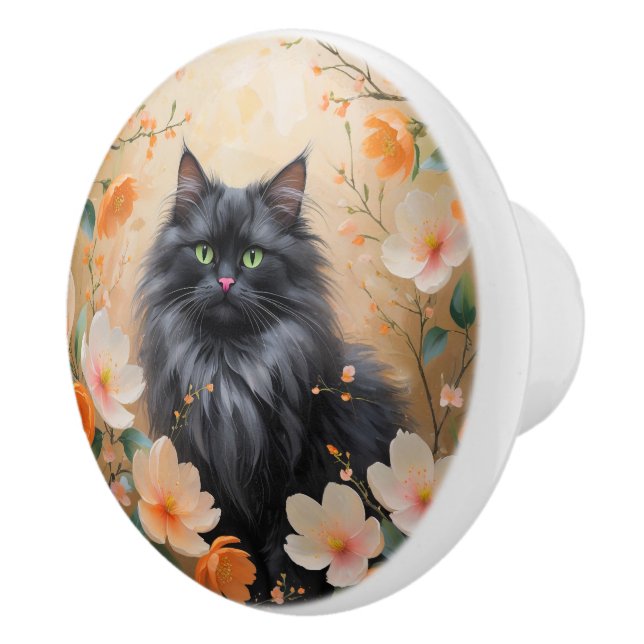 Painterly Black Cat & Orange Blossoms  Ceramic Knob (Right)