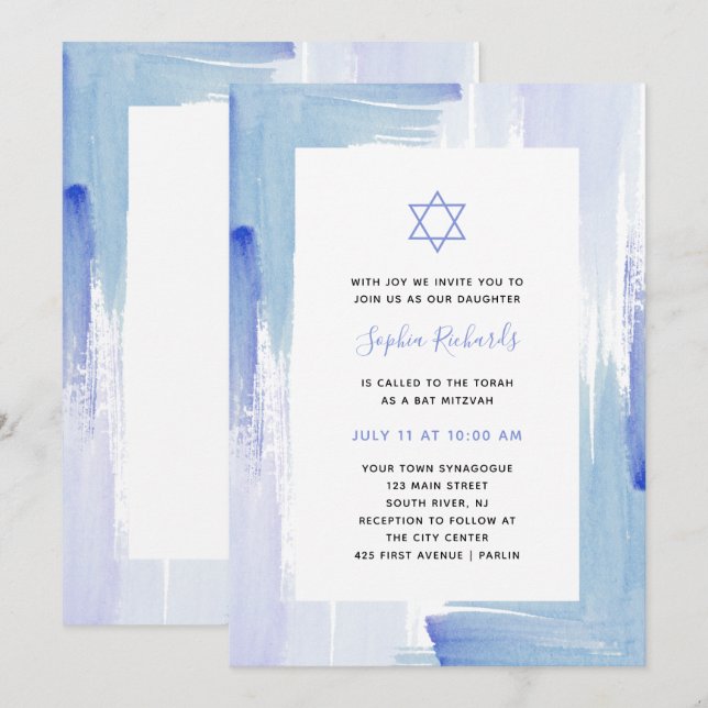 Painterly Blue Watercolor | Bat Mitzvah Invitation (Front/Back)