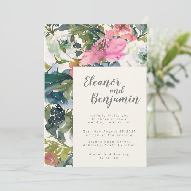 Painterly Botanical Watercolor Pink Green Wedding Invitation (Standing Front)