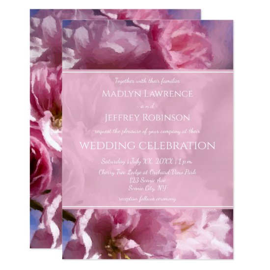 painterly cherry tree blossoms blush pink wedding invitation