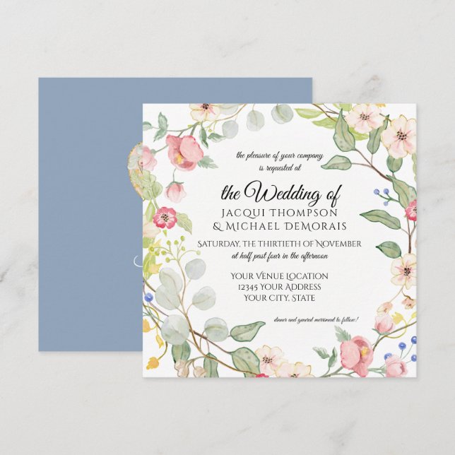 Painterly Dusty Blue Blush Pink Watercolor Floral Invitation (Front/Back)