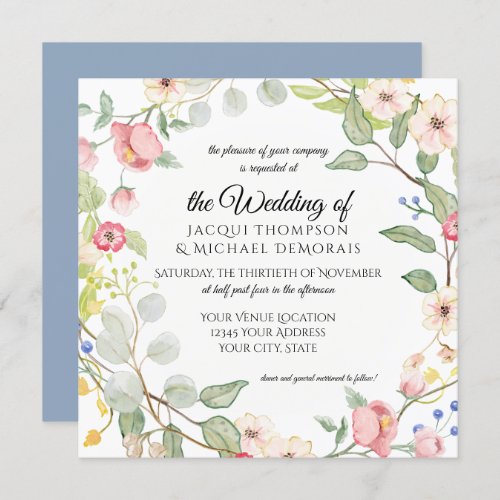 Painterly Dusty Blue Blush Pink Watercolor Floral Invitation