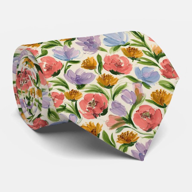 Painterly Floral Garden Pattern Neck Tie (Rolled)