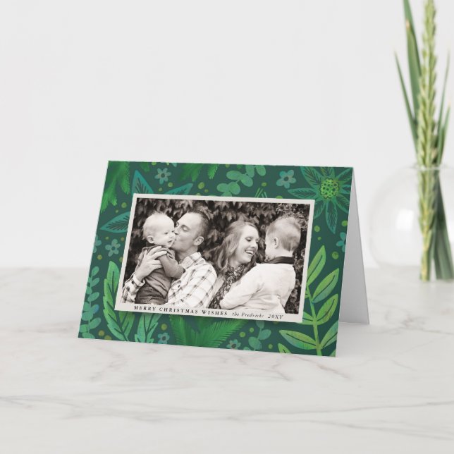 Painterly Greens Botanical Holiday Photo Card (Front)