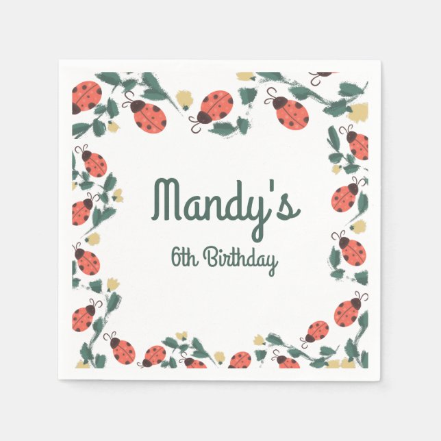 Painterly Lady Bug Birthday Garden Party Napkins (Front)
