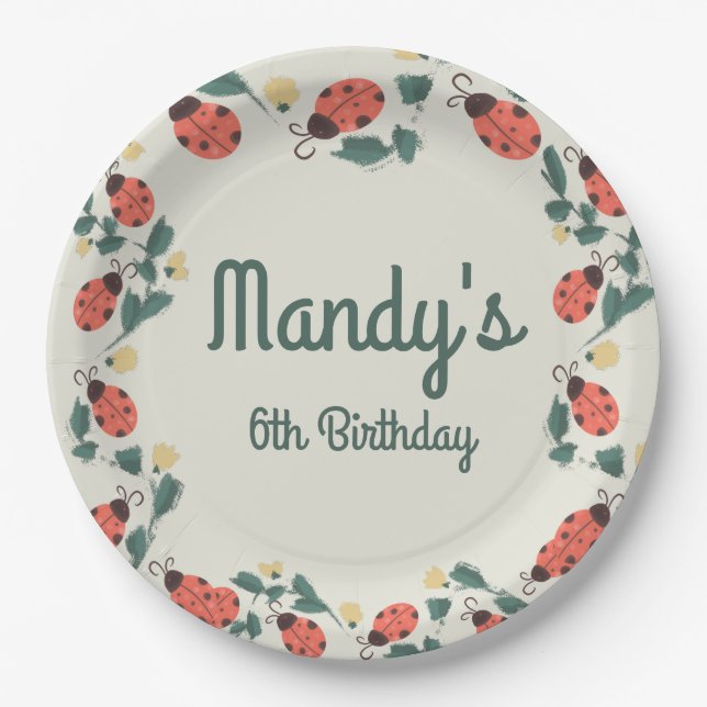 Painterly Lady Bug Birthday Garden Party Paper Plates (Front)
