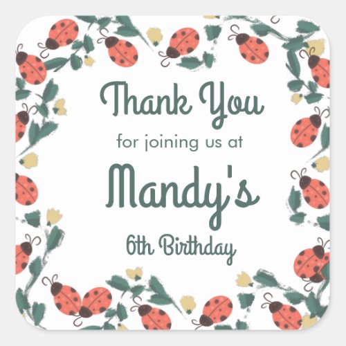 Painterly Lady Bug Birthday Garden Party Square Sticker