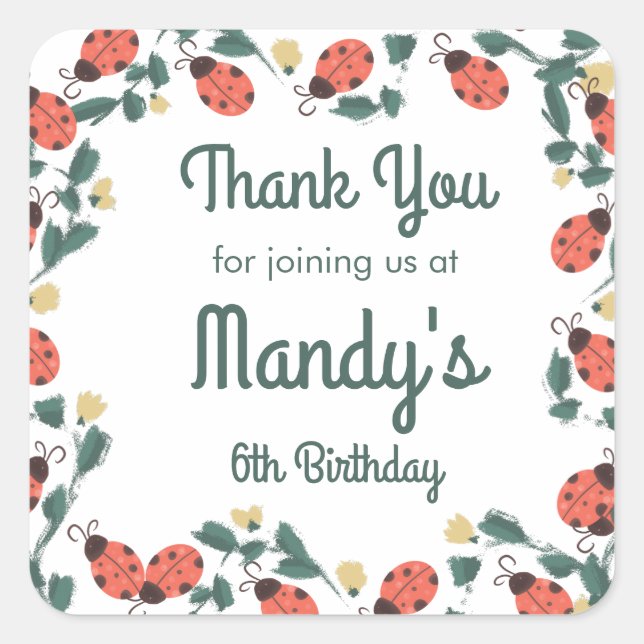 Painterly Lady Bug Birthday Garden Party Square Sticker (Front)