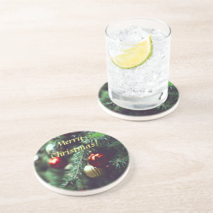 Painterly Merry Christmas Tree with Red Ornaments Coaster