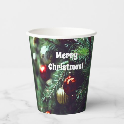 Painterly Merry Christmas Tree with Red Ornaments  Paper Cups