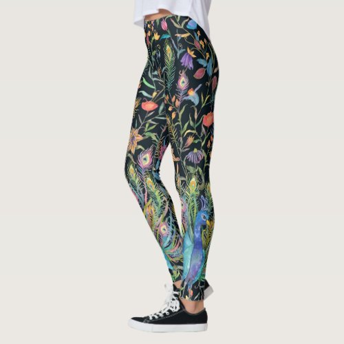 Painterly Peacock Feather Floral Vines Boho Chic  Leggings